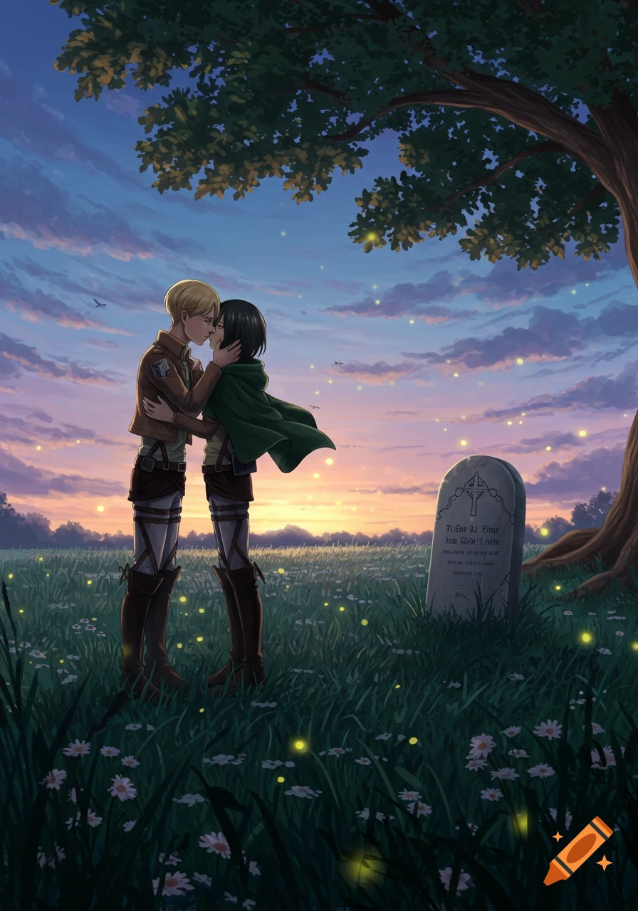 Anime characters Mikasa and Armin kissing in a field with fireflies at sunset, next to a gravestone and a large tree.