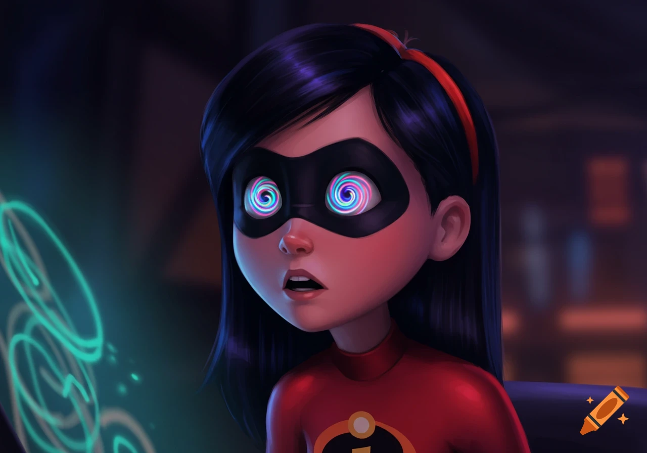 Close-up of Violet from The Incredibles in her red superhero suit, with colorful hypnotic spirals in her eyes, staring at glowing teal patterns.