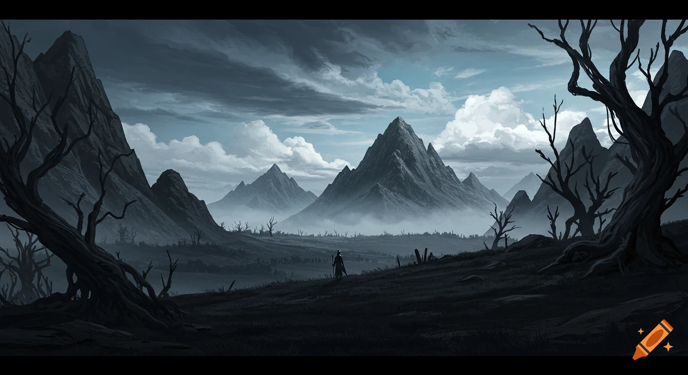 A dark, moody landscape with towering mountains, dead trees, and a lone figure walking through a misty valley under a dramatic sky.