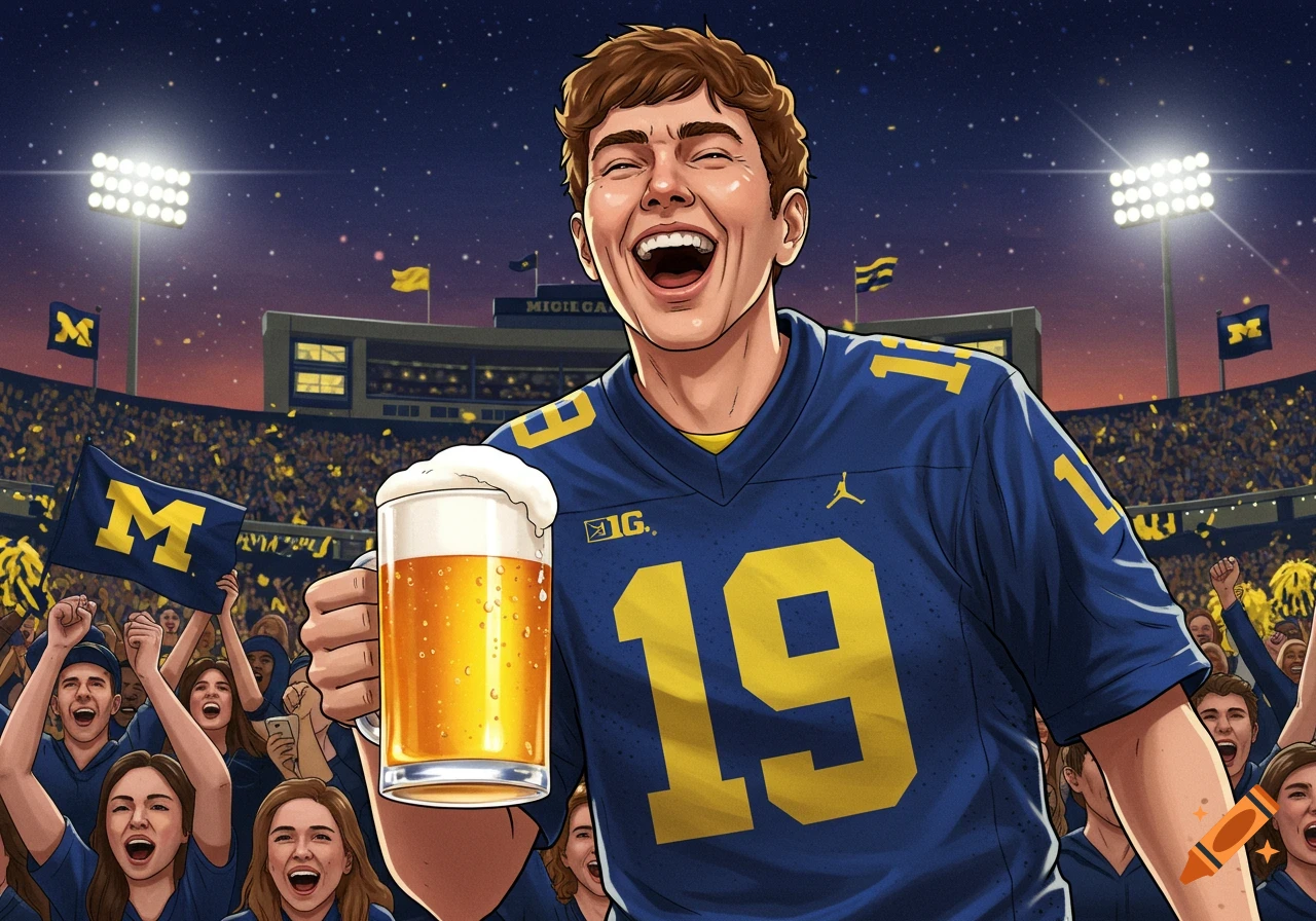 An excited cartoon man in a blue number 19 Michigan jersey raises a frothy mug of beer in a stadium packed with cheering fans at night.