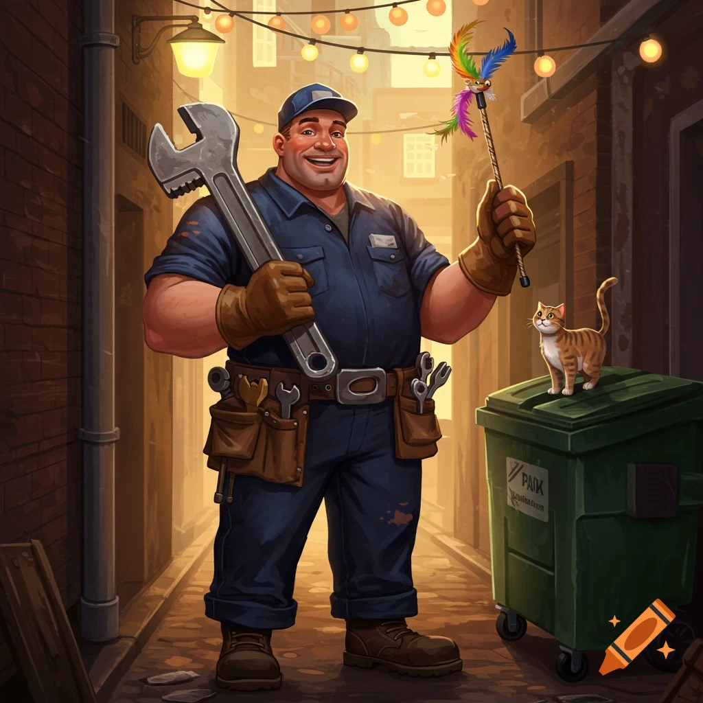 A smiling cartoon plumber in blue overalls holds a wrench and a cat toy, looking at a ginger cat on a green dumpster in an alley.