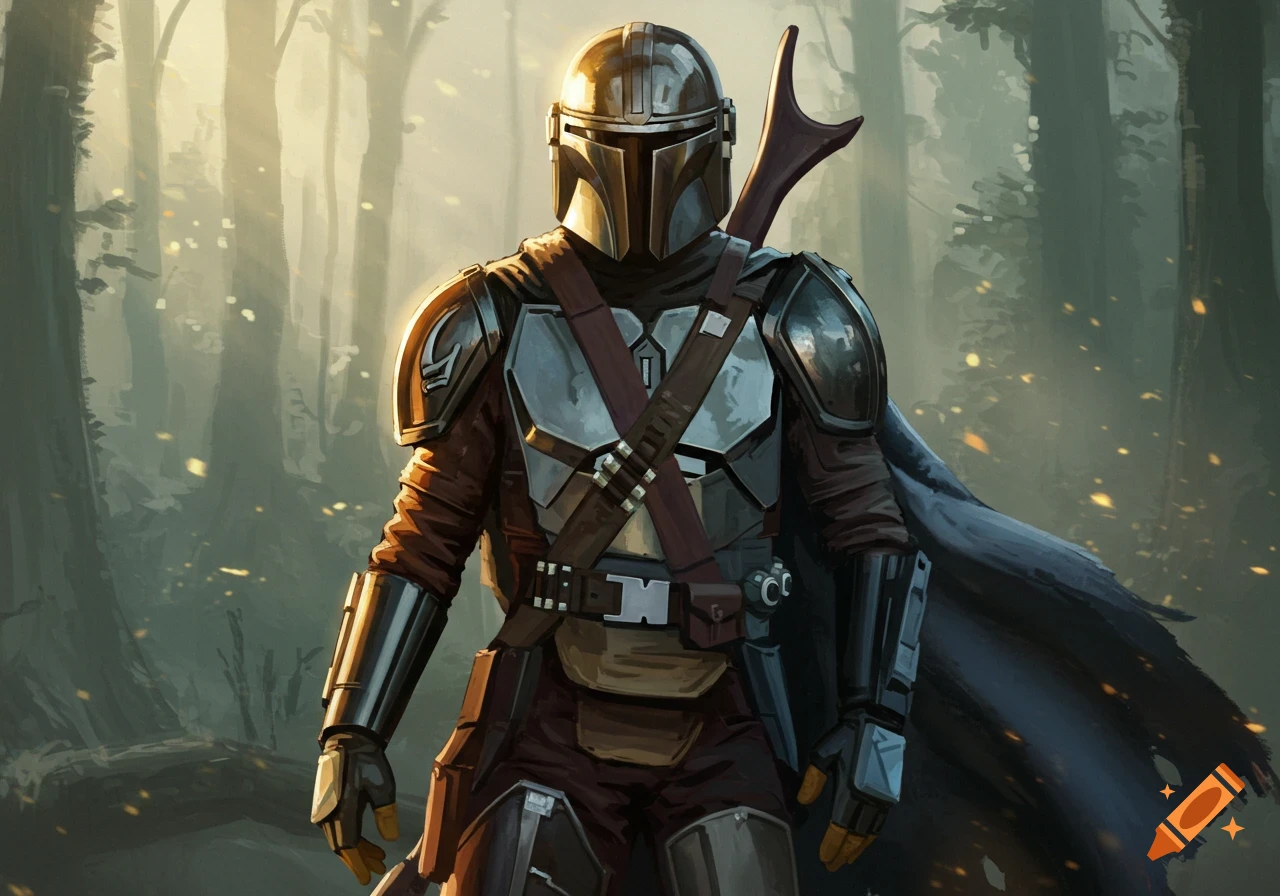 A detailed digital painting of a Mandalorian warrior in reflective golden and silver armor with a dark cape, standing in a sunlit forest.