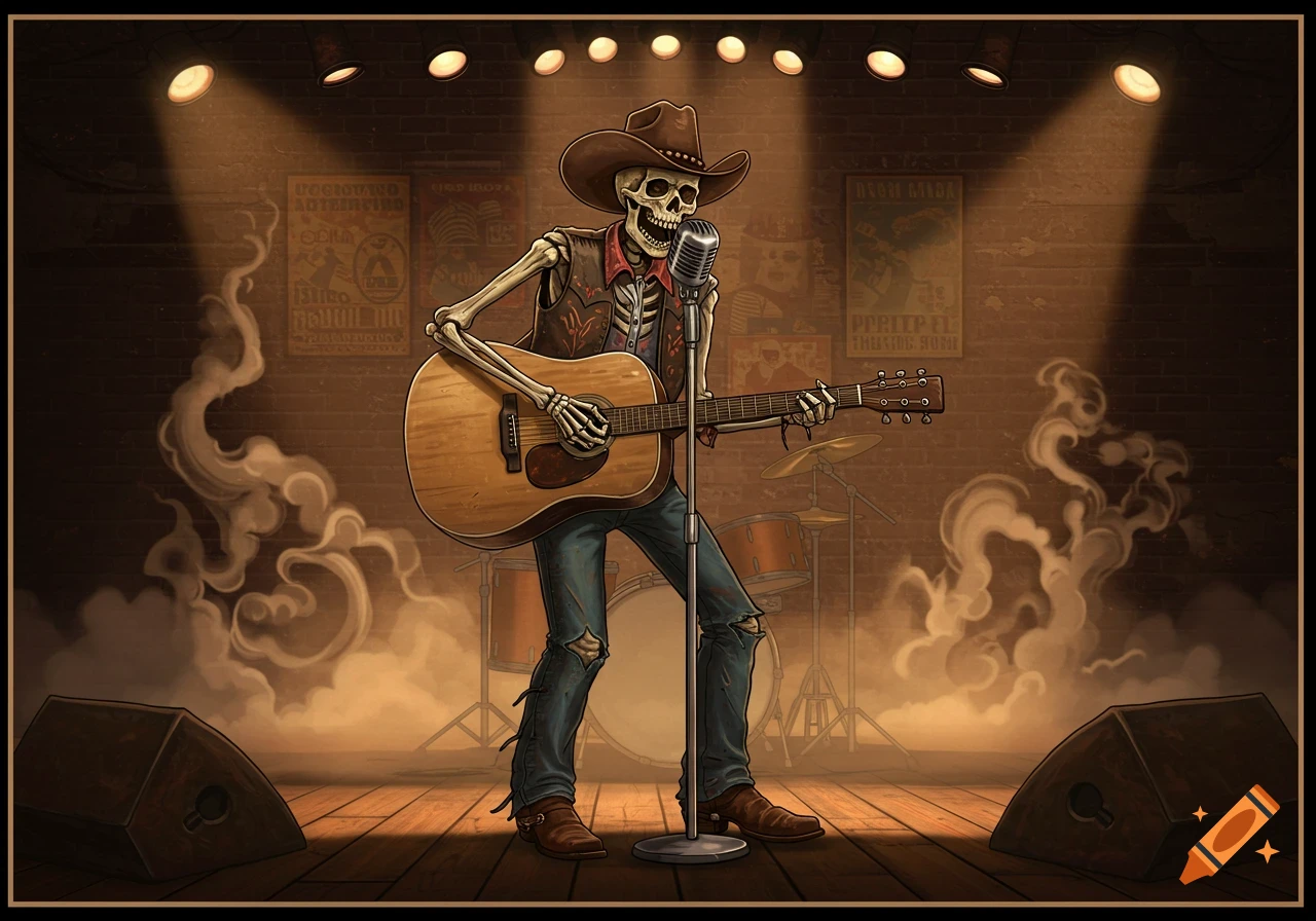 A skeleton in a cowboy hat, vest, and ripped jeans plays an acoustic guitar and sings into a retro microphone on a spotlight-lit stage with smoke and brick walls.