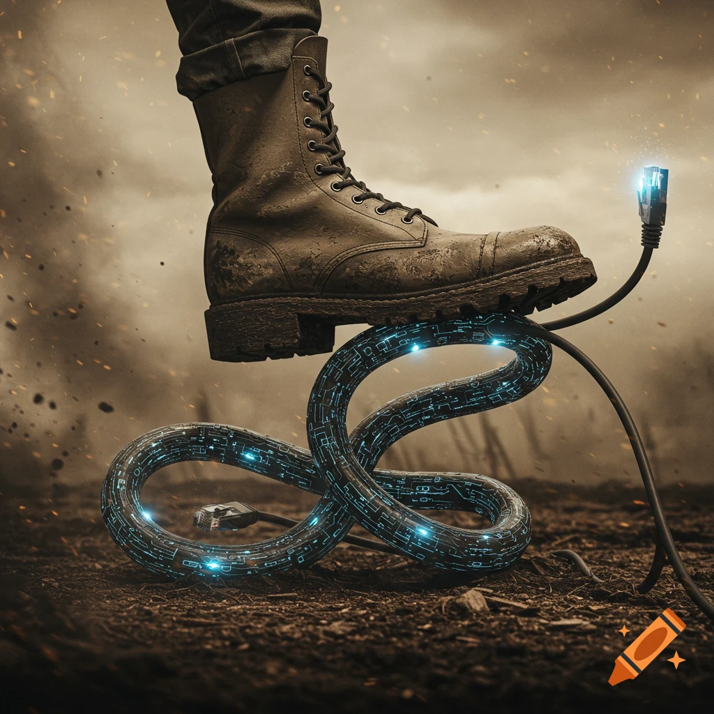 A combat boot steps on a glowing ethernet cable designed to look like a snake, set against a dusty, war-torn background.