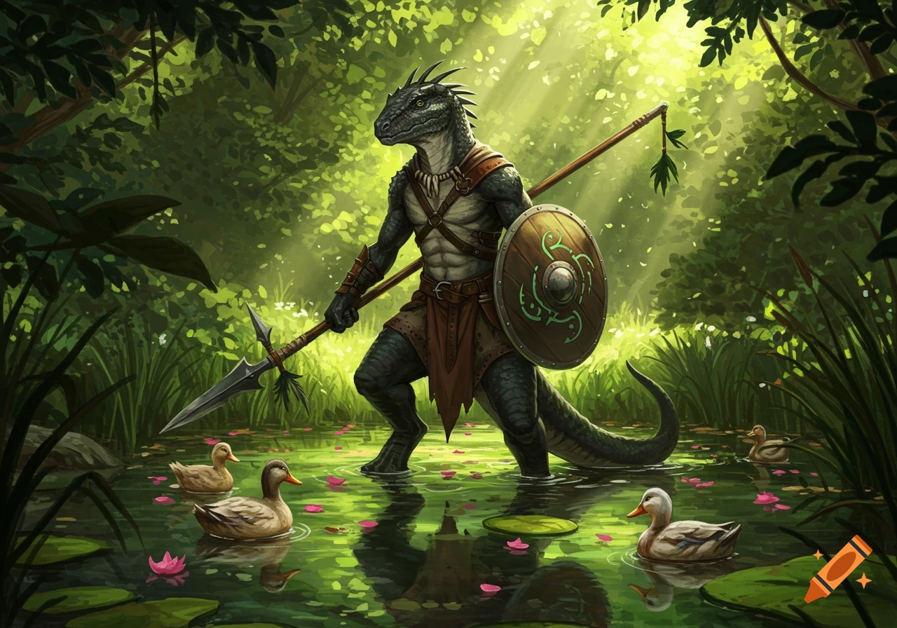 A detailed illustration of a black and green lizardfolk warrior with a spear and shield standing in a sunlit pond with ducks and lily pads in a lush forest.