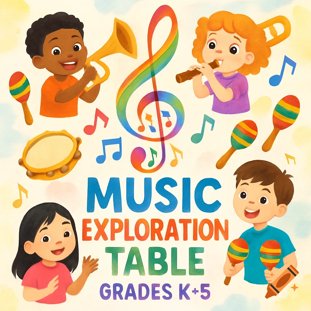 Cheerful illustration of four diverse cartoon children playing music instruments around a colorful treble clef and musical notes. Text says "MUSIC EXPLORATION TABLE GRADES K+5".
