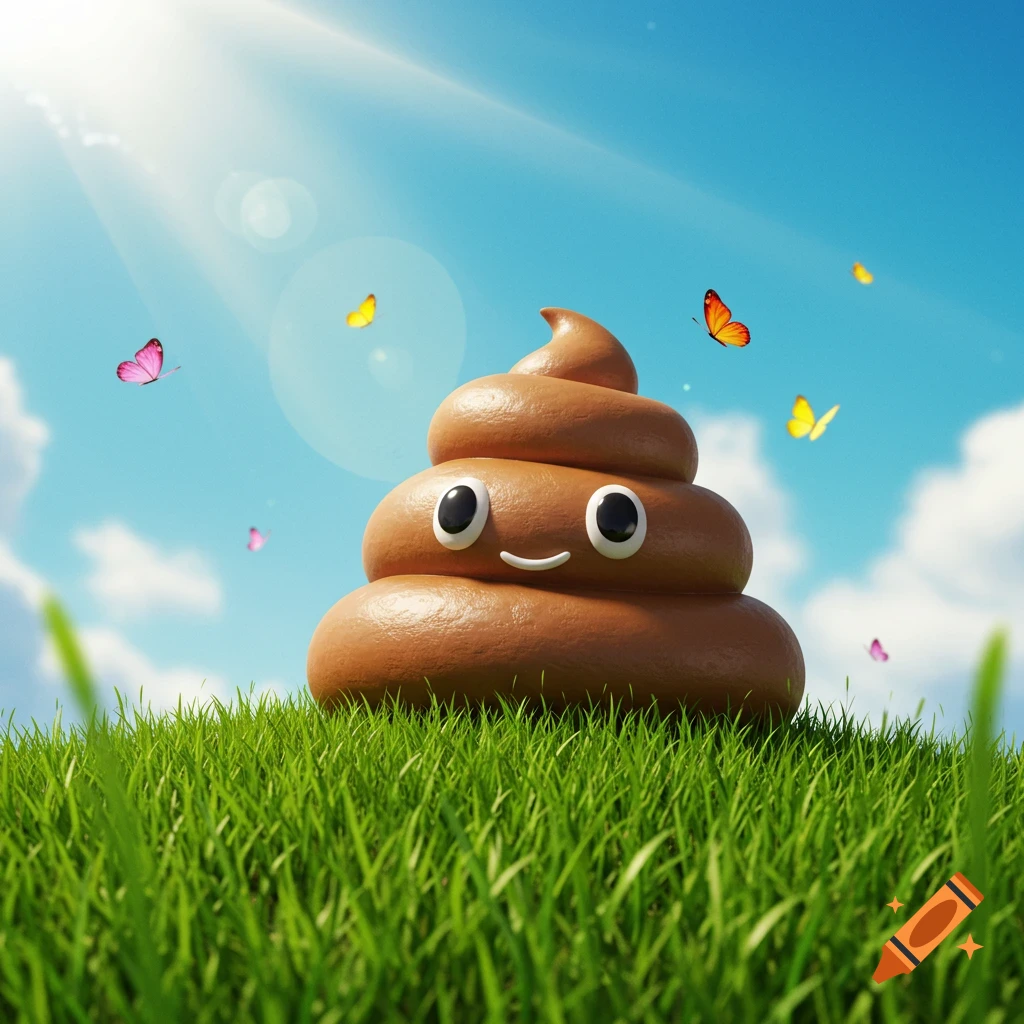 A smiling brown poop emoji character on a grassy hill with butterflies flying under a bright blue sky, 3D illustration.