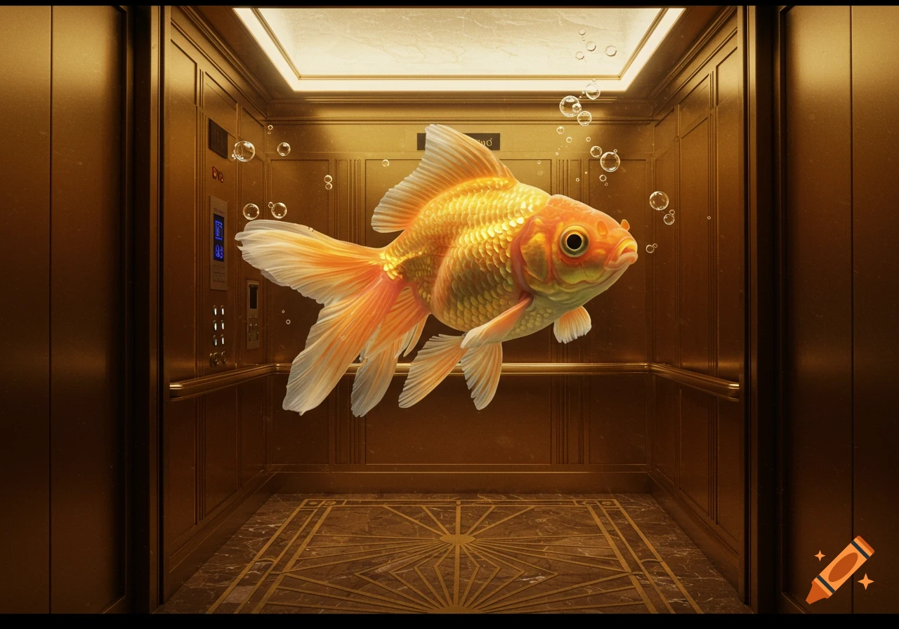 A photorealistic image of a large, orange goldfish with bubbles swimming inside a luxurious golden elevator.