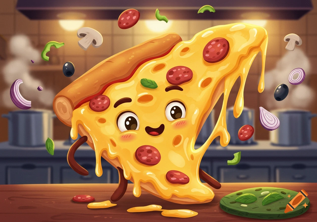 A cute cartoon pizza slice with a happy face and melting cheese stands on a wooden counter in a kitchen, surrounded by floating toppings.