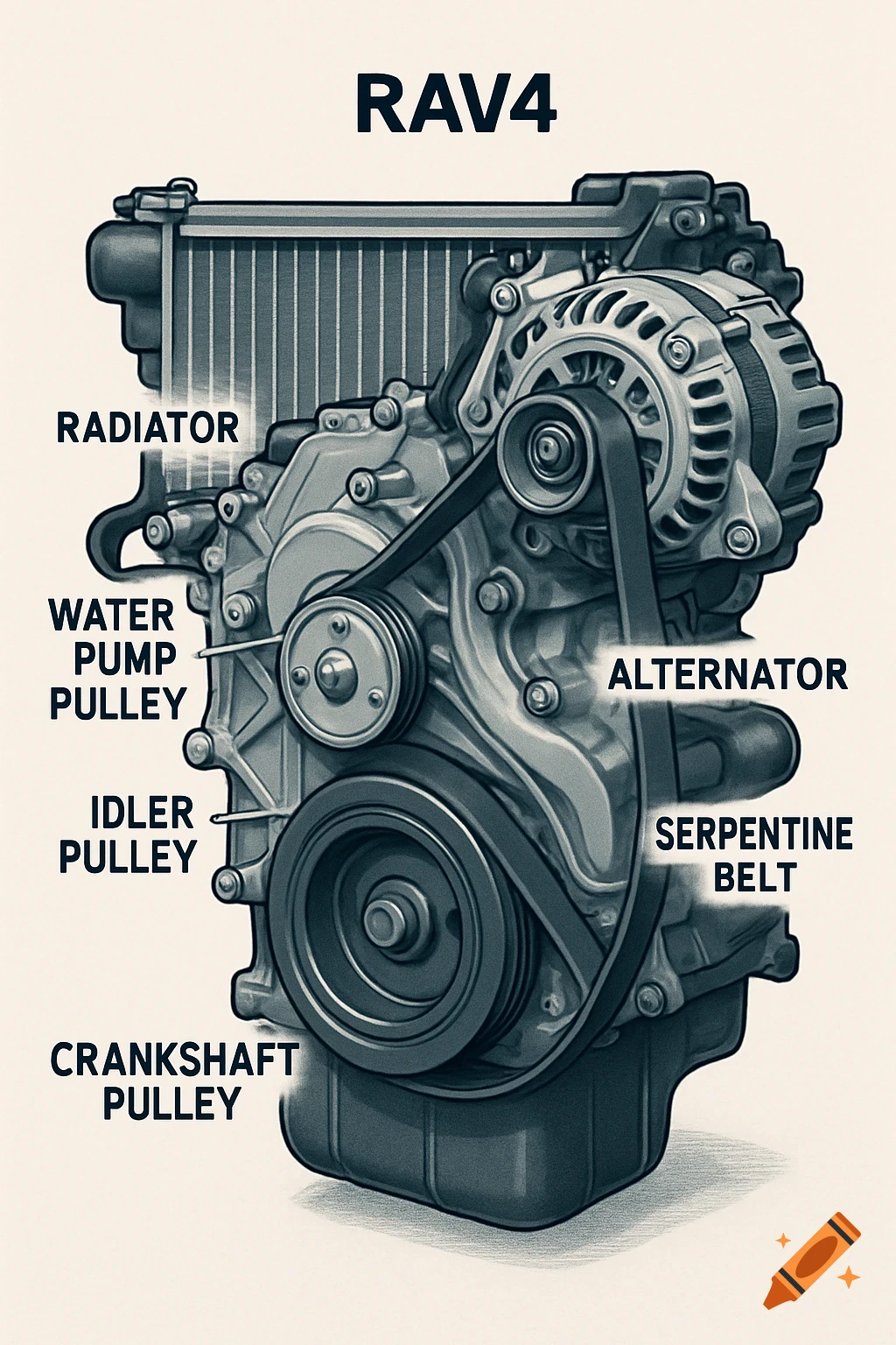 Detailed grayscale diagram of a RAV4 engine, identifying radiator, alternator, pulleys, and serpentine belt.
