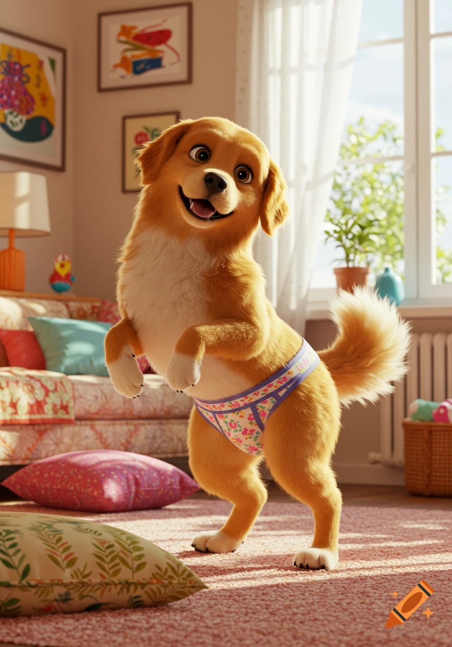 A cute, cartoonish golden retriever dog standing on its hind legs wearing floral underwear in a brightly lit room.