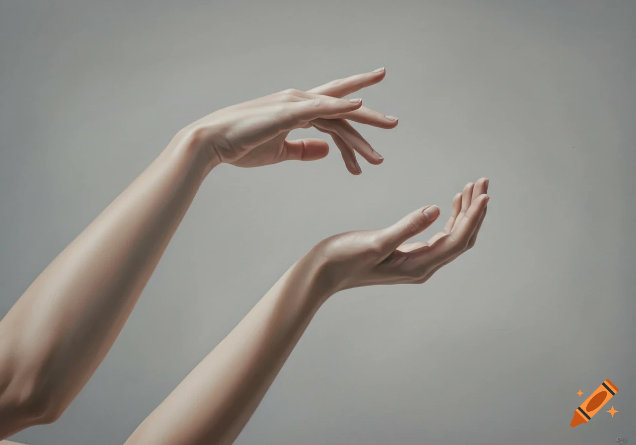Two pale human arms, one with an open palm reaching upwards, the other with a palm facing up, against a light gray background.