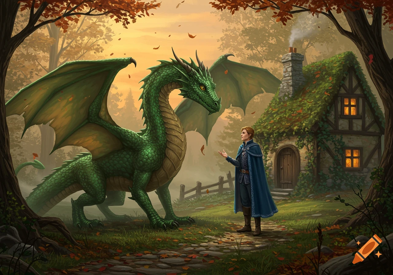 A large green dragon faces a prince in a blue cape outside a cozy cottage in an autumn forest, leaves falling.