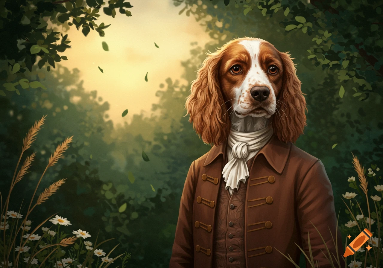 A refined anthropomorphic spaniel in a brown period coat and white cravat stands in a sunlit forest.