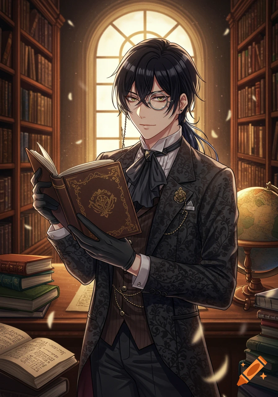 An anime-style man with black hair and a monocle reads a book in a sunlit library, surrounded by bookshelves and a globe.
