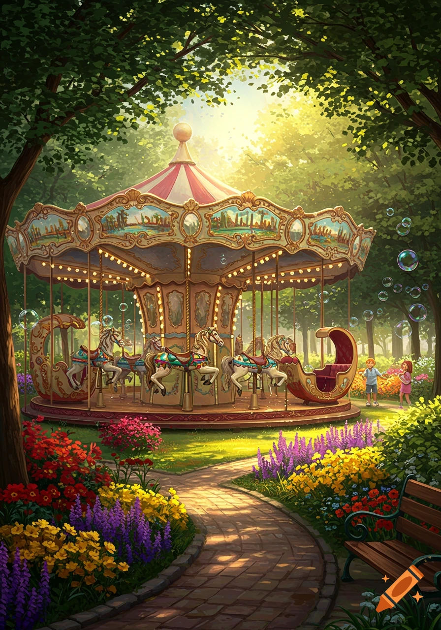 A vibrant illustration of a carousel in a lush, sunny park with colorful flowers and children playing. The carousel features decorated horses.