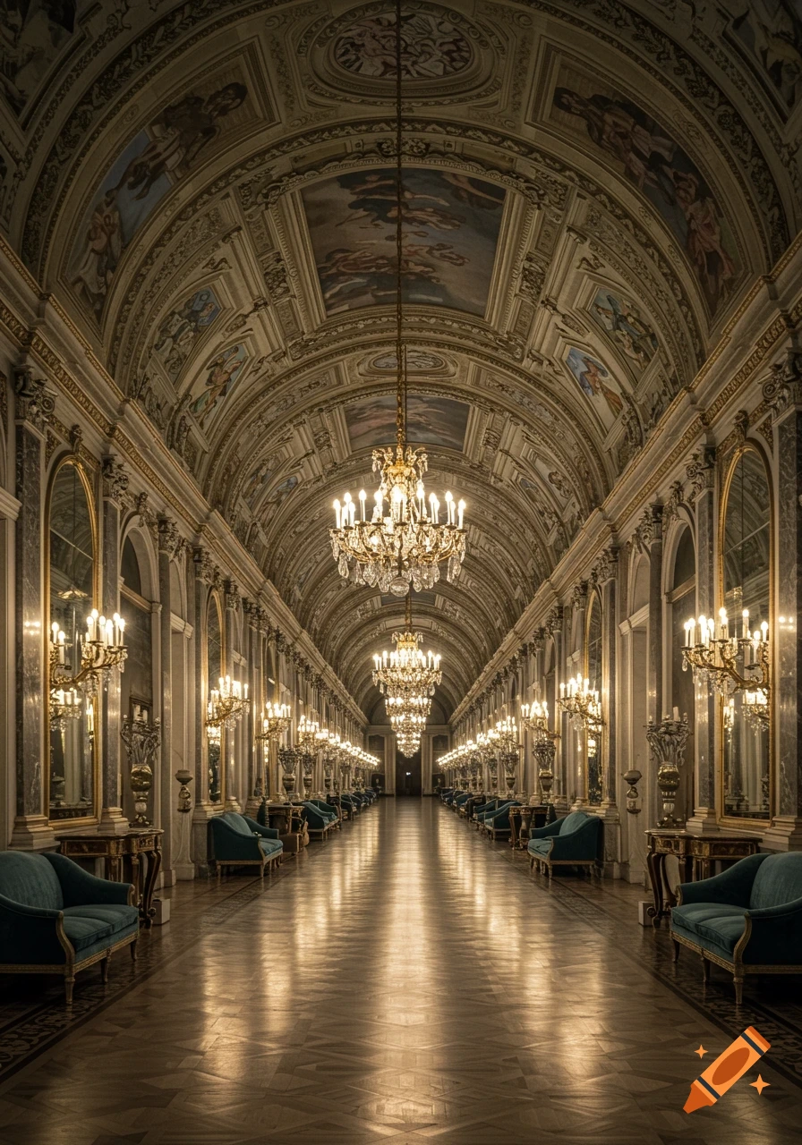 A long, opulent palace hallway with numerous chandeliers, mirrors, and turquoise sofas on a reflective wooden floor.