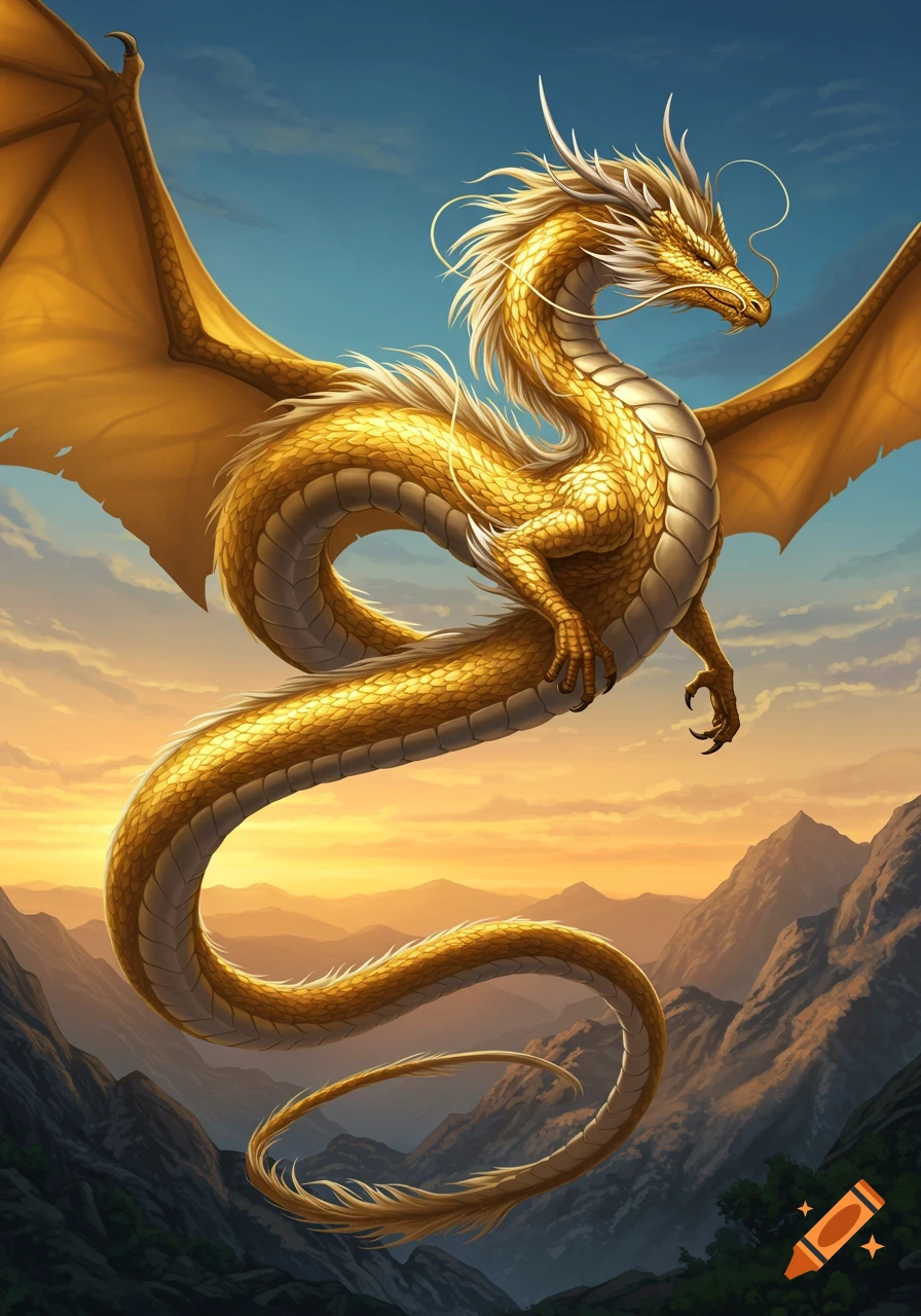 A magnificent golden dragon with large wings flies gracefully over a serene mountain landscape at sunset.