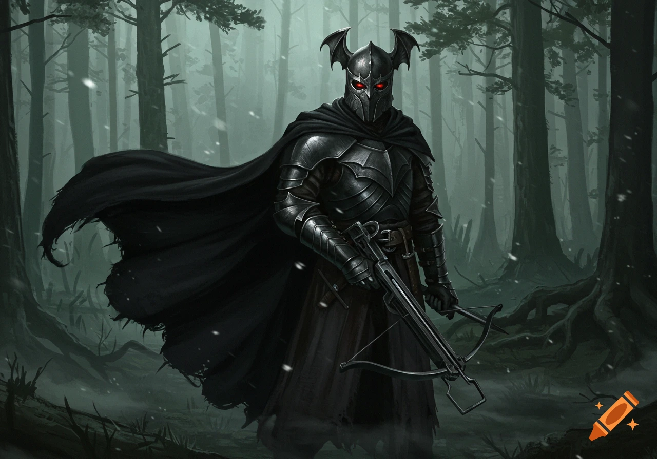 A dark fantasy warrior in black armor and a flowing cape, with a bat-winged helmet and glowing red eyes, holds a crossbow in a snowy forest.
