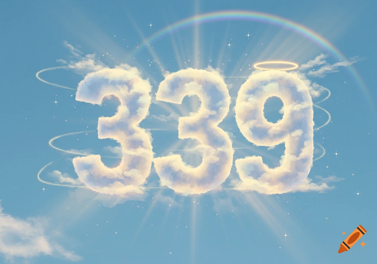 The number 339 formed by white clouds in a blue sky, with a rainbow, sun rays, and a halo.