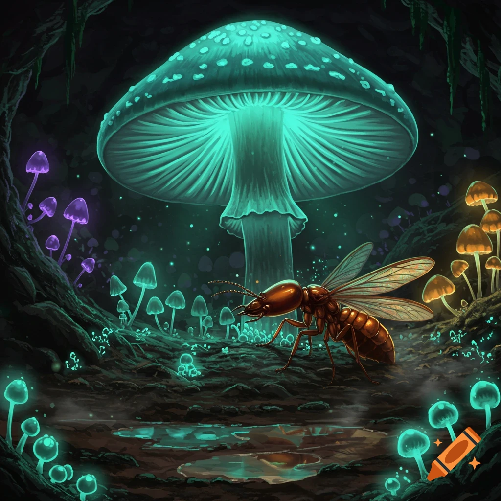 A large glowing blue-green mushroom in a dark cave environment with various smaller glowing fungi and a winged insect on the ground.