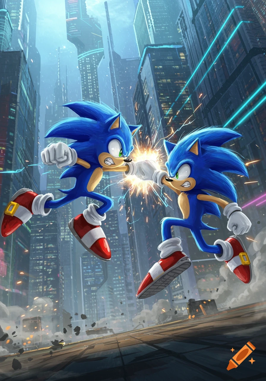 Two Sonic characters punching each other, generating a burst of energy, in a futuristic city environment.