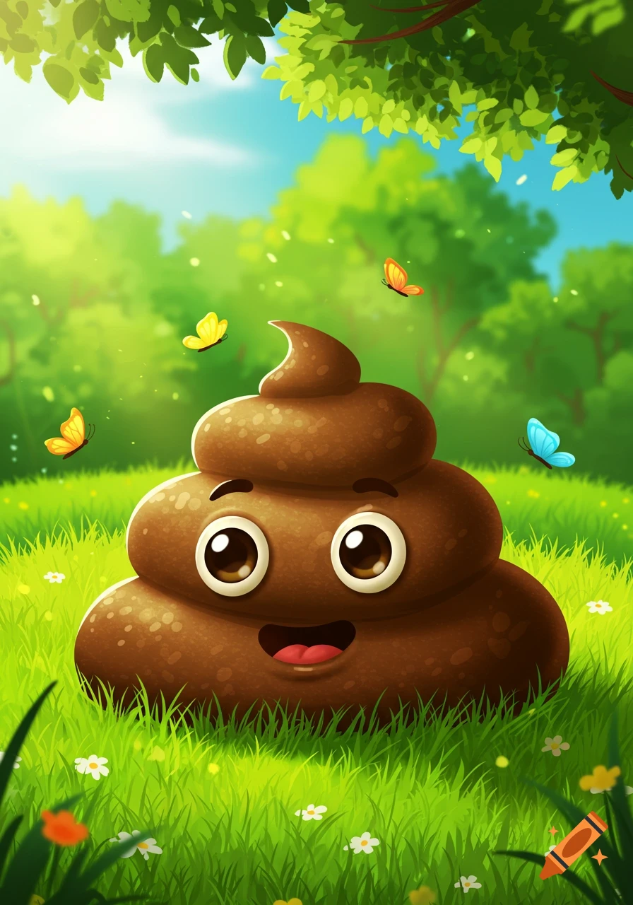 A cheerful cartoon poop character with big eyes and a smile sits in a vibrant green field with butterflies and flowers.