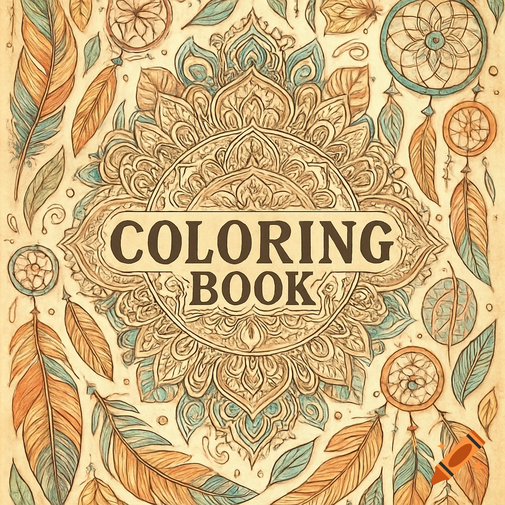 A boho-style coloring book cover featuring a central mandala, feathers, and dreamcatchers in warm, earthy tones with the text 'COLORING BOOK'.