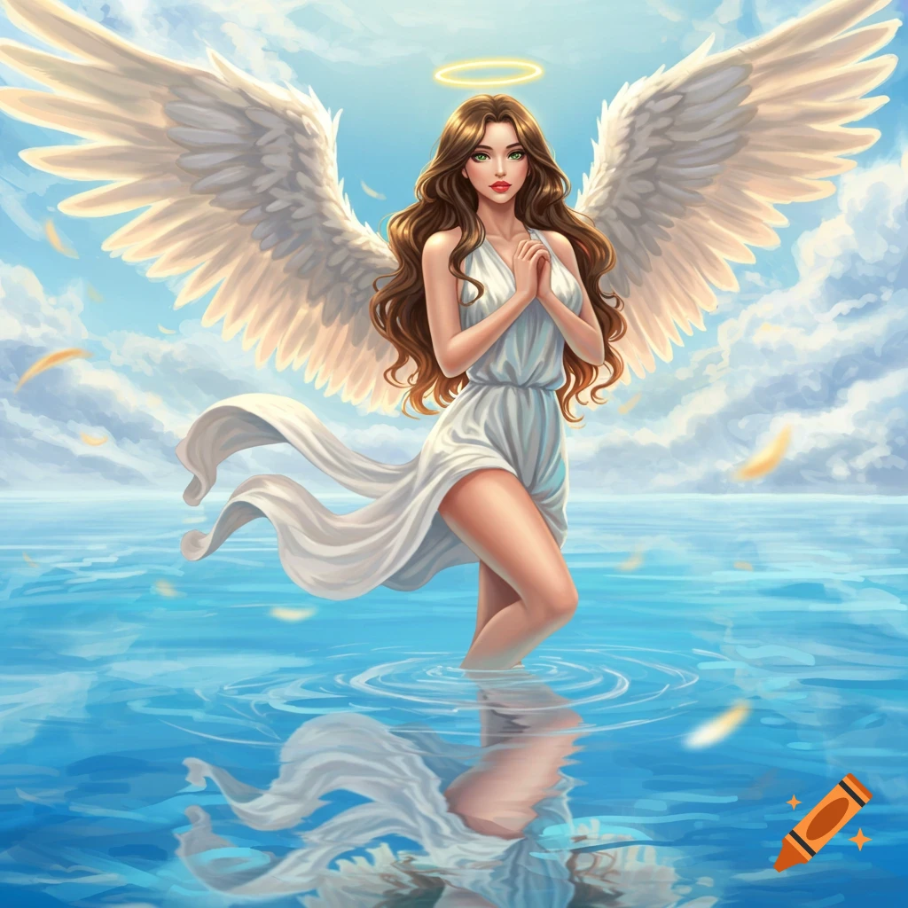 Anime angel with long brown hair, white dress, and large wings, standing in blue water, praying under a cloudy sky.