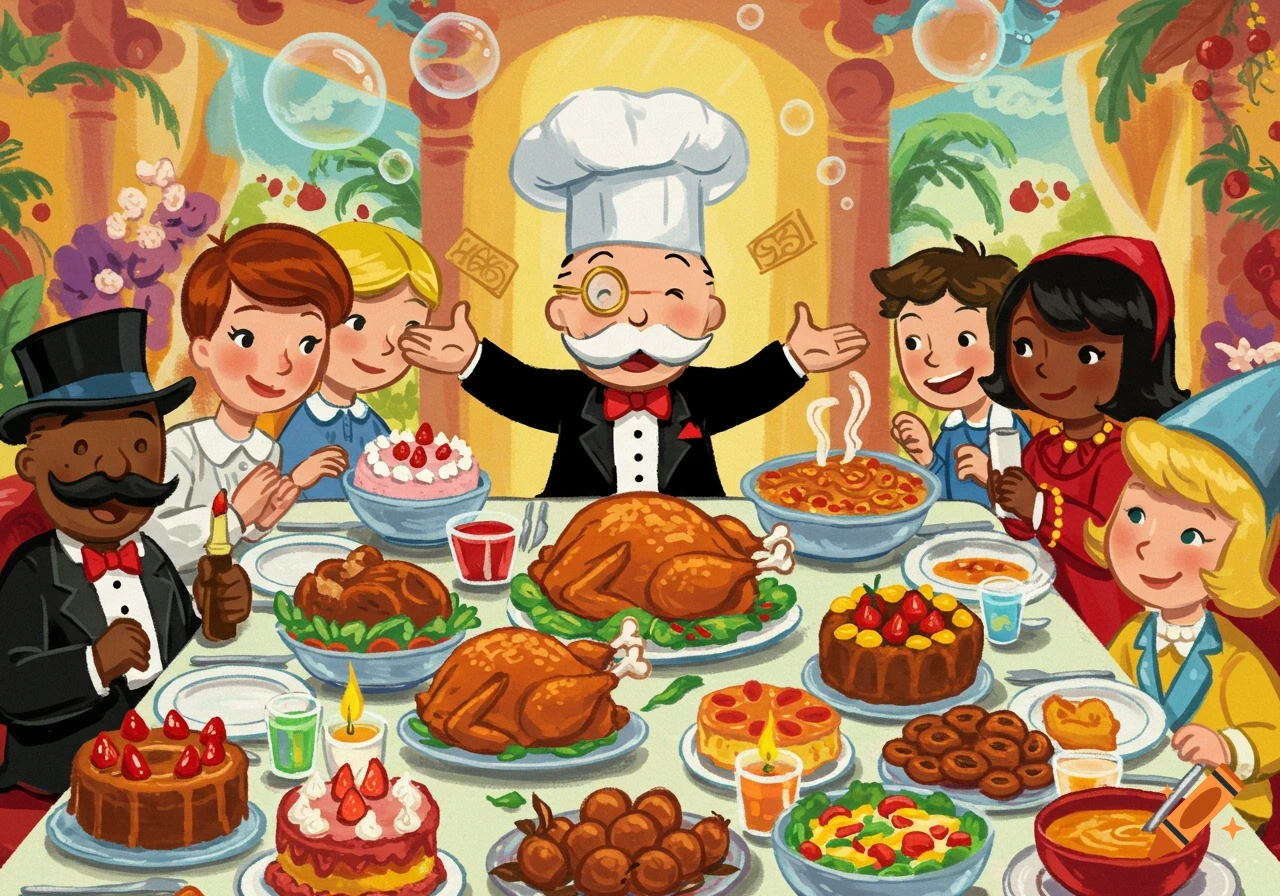 Vibrant cartoon of Mr. Monopoly as a chef, with diverse friends enjoying a lavish feast at a large table.