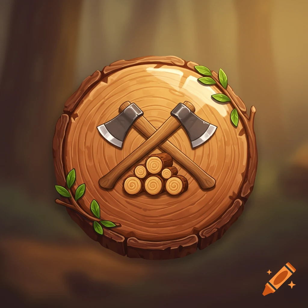 Stylized video game UI button showing crossed axes and a stack of logs on a round wooden cut, with green leaves.