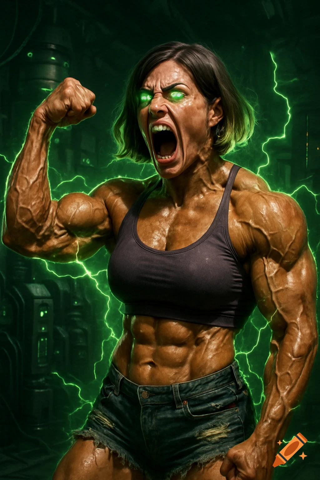 A photorealistic image of a heavily muscular female bodybuilder screaming intensely, with glowing green eyes and green electrical energy surrounding her in a dark, futuristic setting.