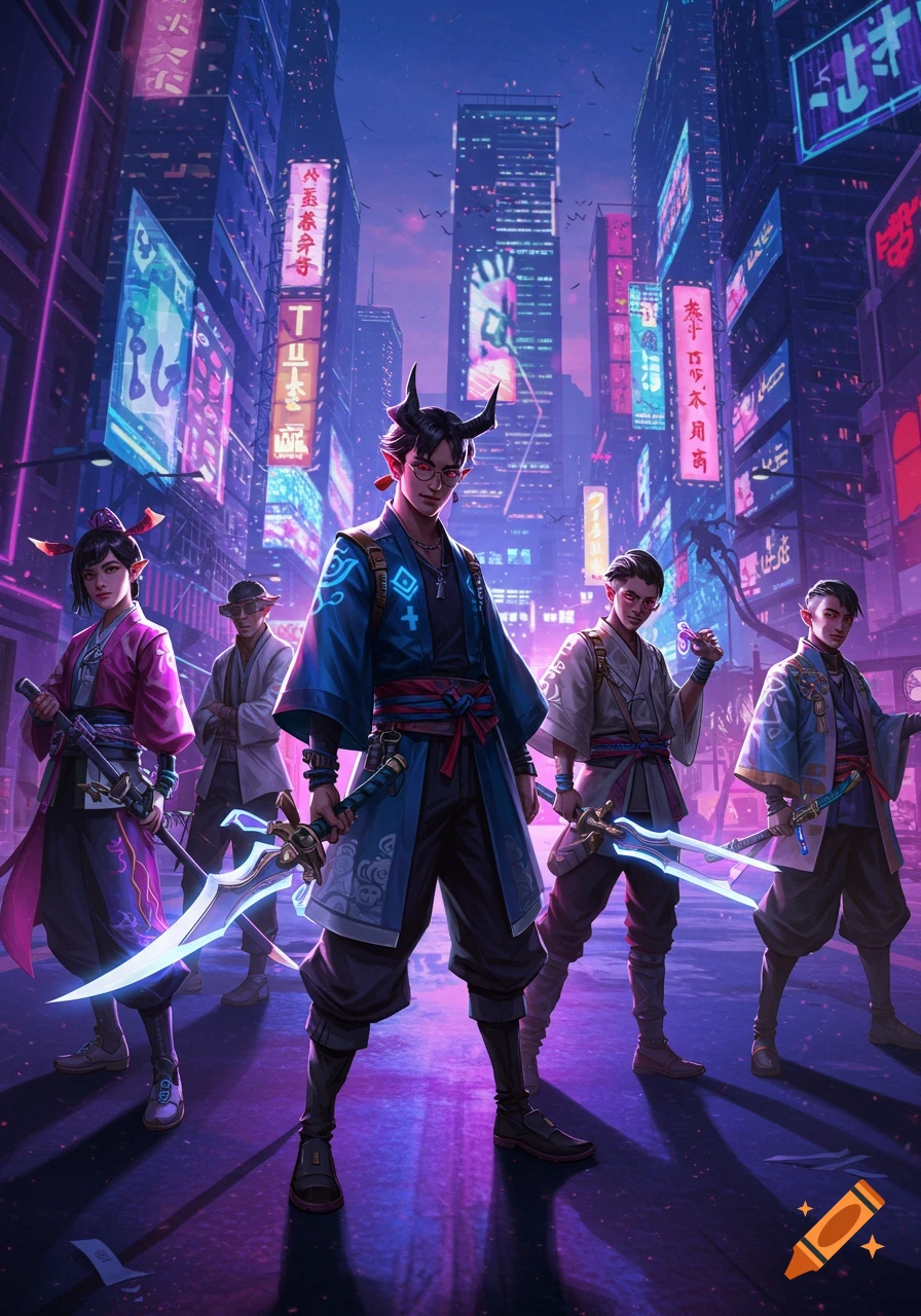 A group of five demon hunters with glowing swords and horns stand in a neon-lit cyberpunk city at night.