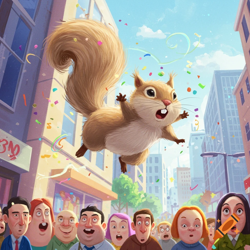 A giant cartoon squirrel flies above a surprised crowd in a city with falling confetti.