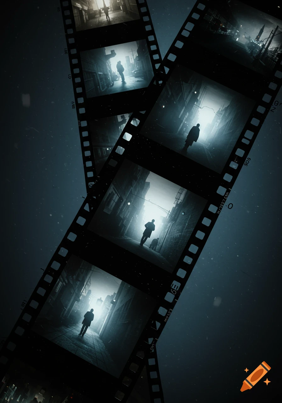 Overlapping film strips with frames showing a shadowy figure walking down a misty, dark alley, in a cinematic noir style.