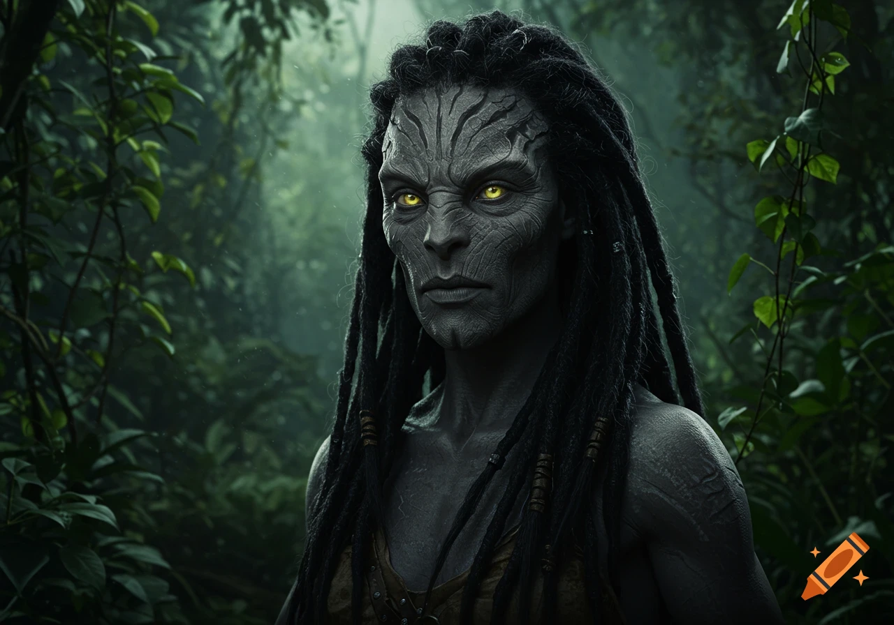 A dark-skinned, alien-like huntress with glowing yellow eyes, a jagged face, and long dreadlocks stands in a lush jungle.