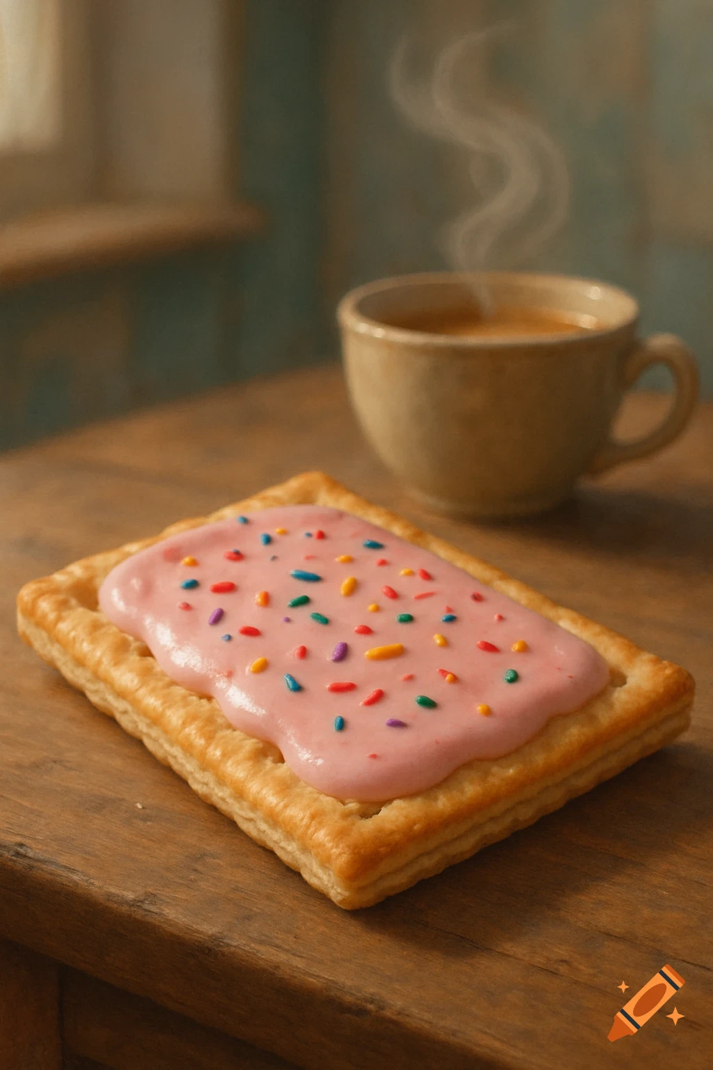 A pink frosted pastry with colorful sprinkles on a wooden table, with a steaming cup of coffee in the background.