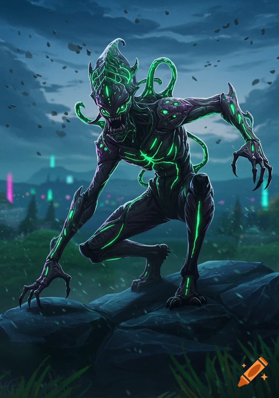A dark alien creature with glowing green lines, purple accents, sharp claws, and tentacles, crouches on a rock with a futuristic city in the background.