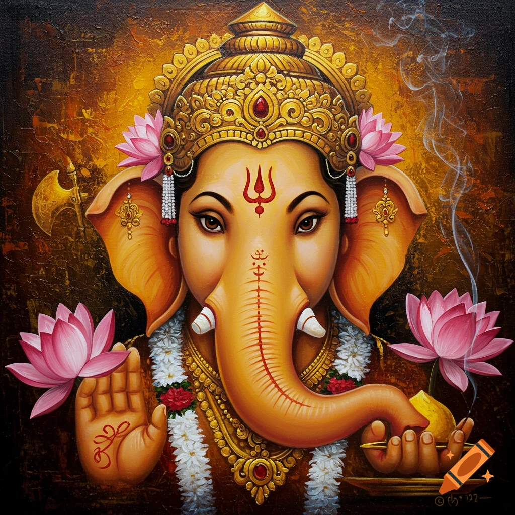 Vibrant oil painting of Ganesha, the elephant-headed Hindu deity, adorned with gold crown, jewelry, and pink lotus flowers. Smoke rises on the right, and his left hand shows a symbol, his trunk holds a sweet.