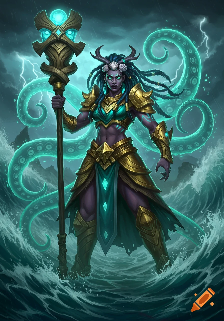 A dark-skinned female fantasy warrior with horns, dreadlocks, and golden armor stands in a stormy sea, wielding a glowing staff, with tentacles behind her.