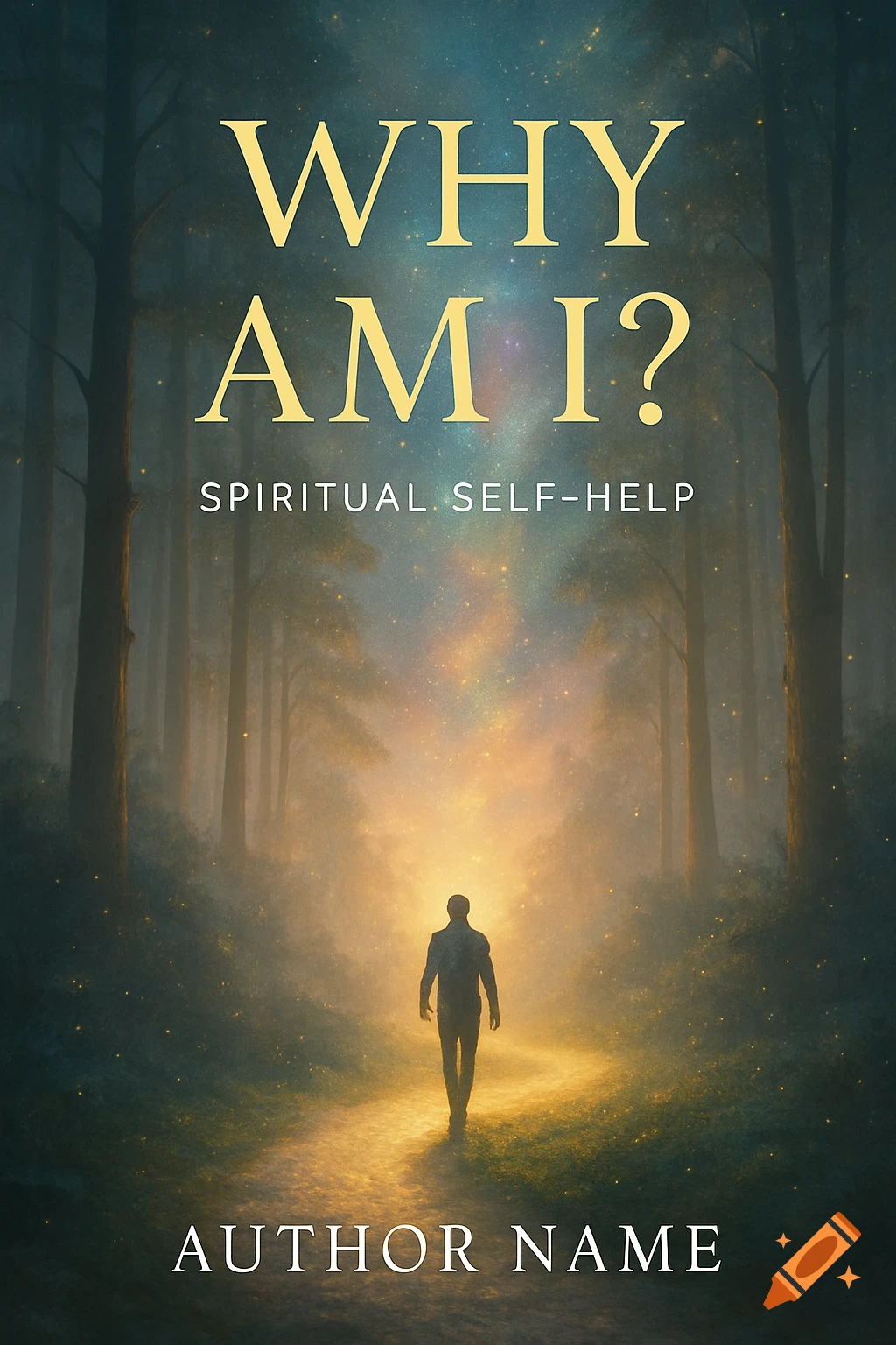 Digital art book cover for 'Why Am I?' showing a man walking on a glowing path through a misty forest at dawn, sparkling particles in the air.