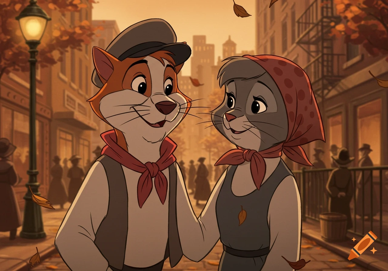 Two anthropomorphic cats in a Don Bluth style, gaze lovingly on an autumn city street with falling leaves.