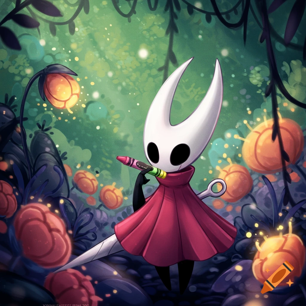 Stylized illustration of Hornet from Hollow Knight holding a colorful crayon in a glowing forest.