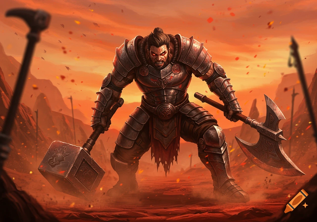 A powerful, armored fantasy warrior with red eyes holds a war hammer and a great axe on a fiery, desolate battlefield, anime style.