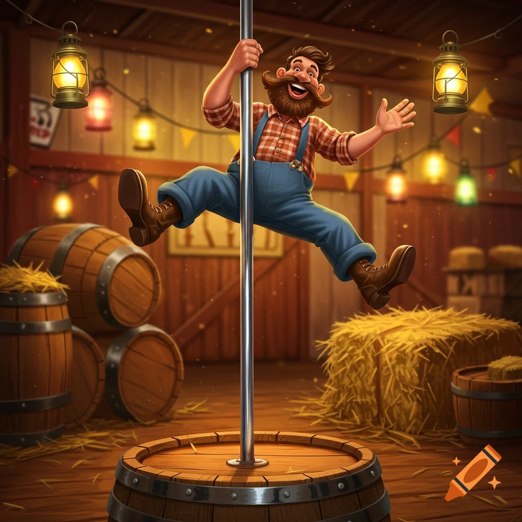 A cheerful, bearded cartoon farmer in overalls pole dances on a barrel in a rustic barn.