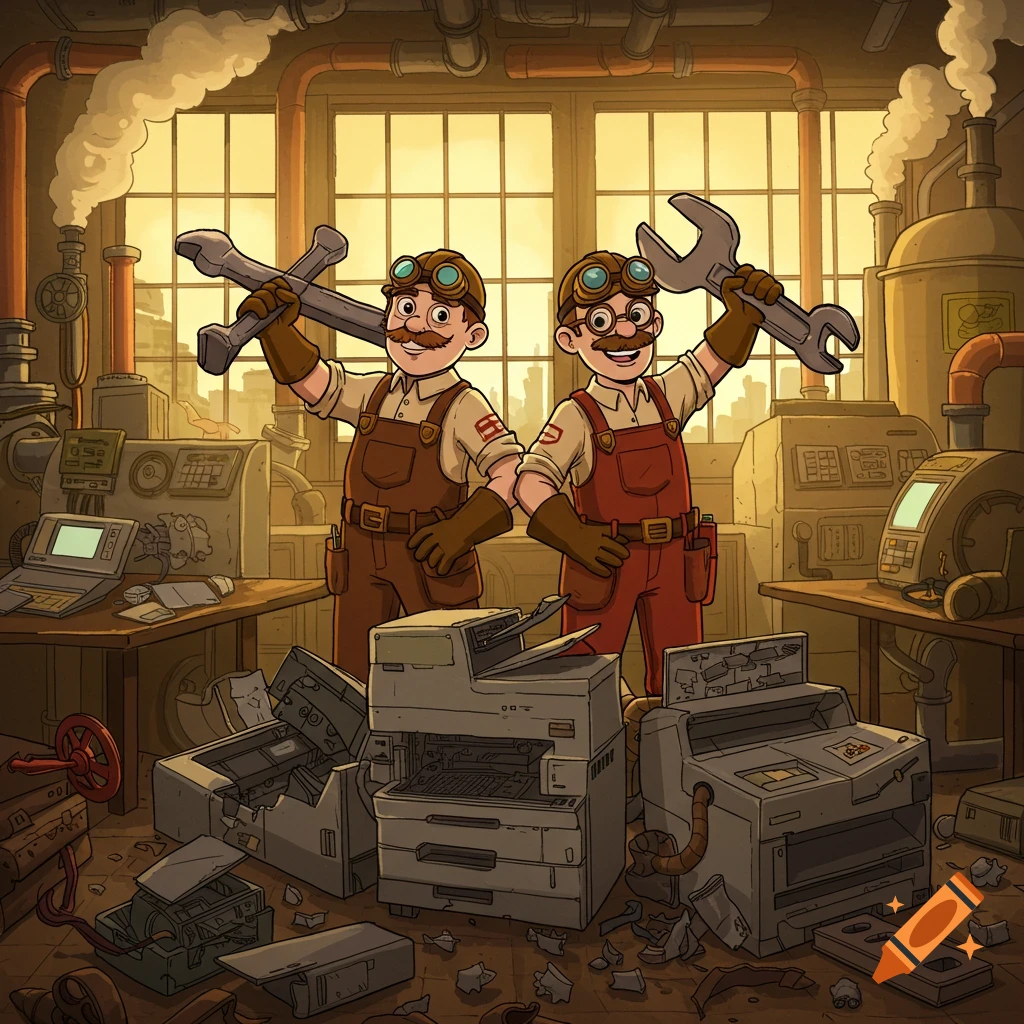 Two cartoon mechanics in a workshop filled with broken copiers, holding large wrenches with a cityscape visible through windows.