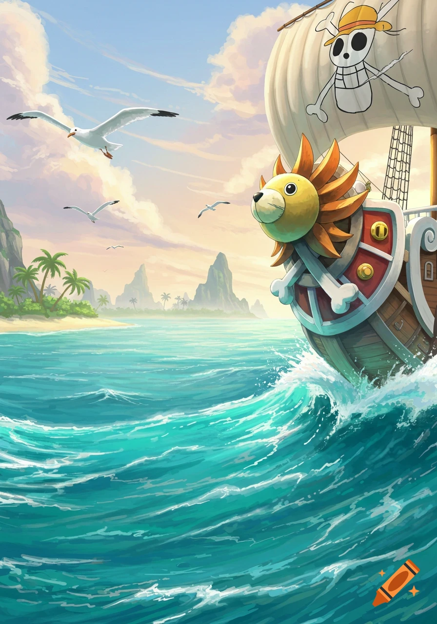 The anime ship Thousand Sunny sails on a vibrant blue ocean with large waves towards a tropical island and mountains under a cloudy sky. Seagulls fly.