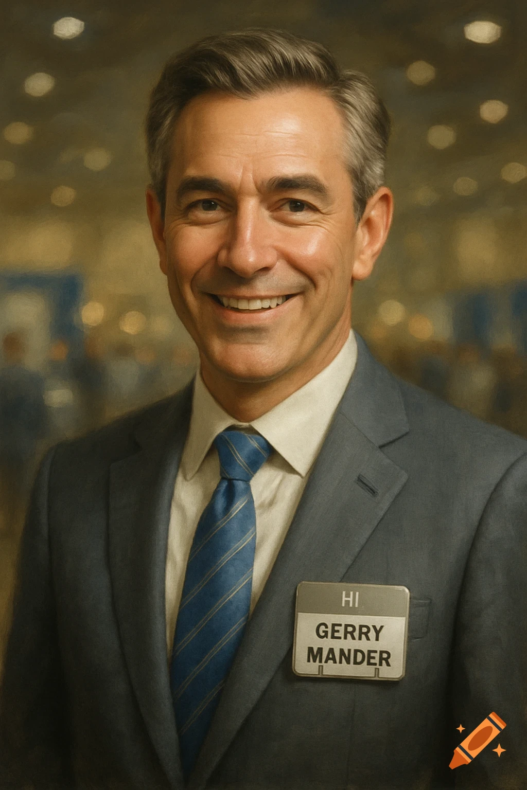 A smiling man with graying hair wears a blue suit and tie, a nametag reading 'HI GERRY MANDER' pinned to his lapel.