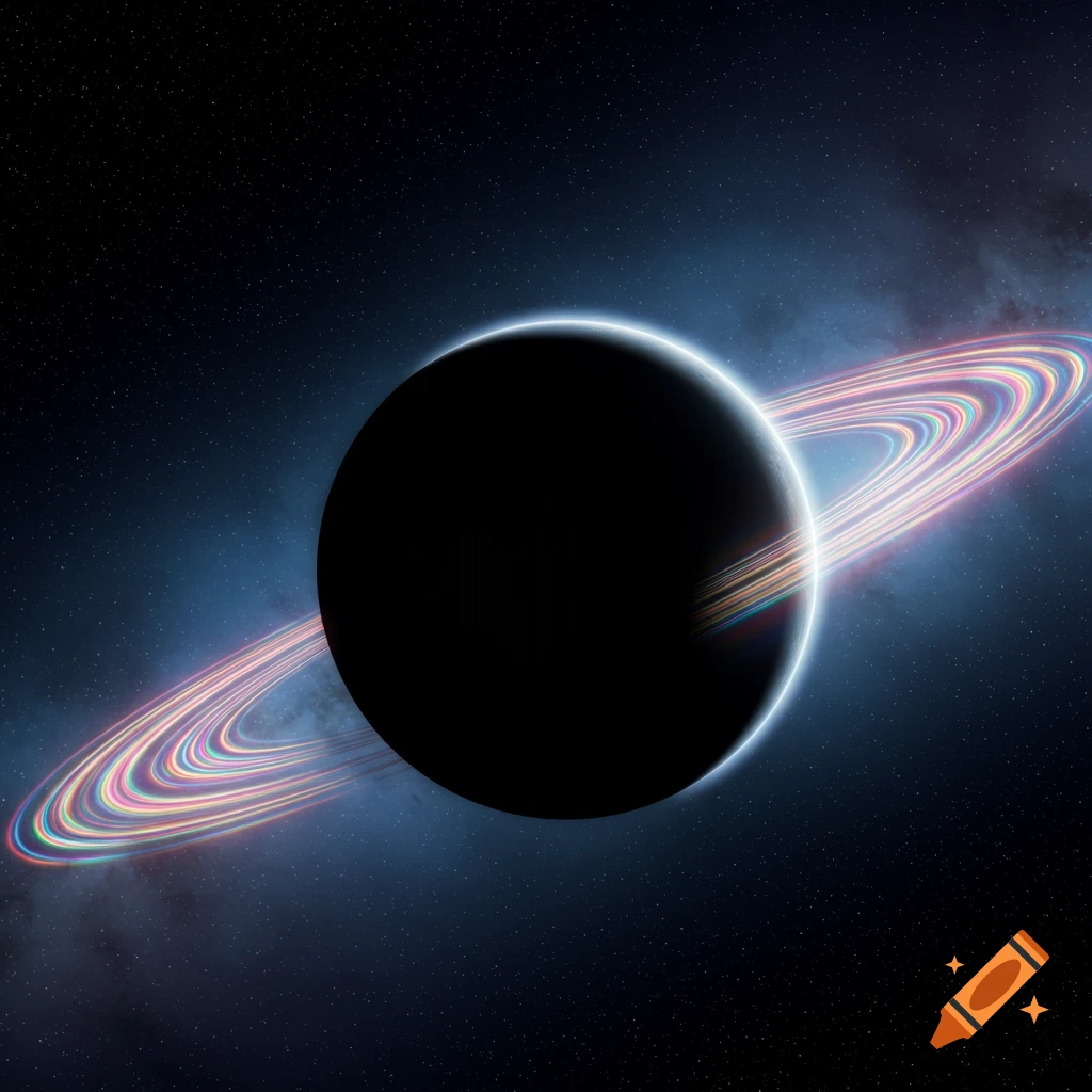 Dark planet with bright, multicolored rings and a white halo against a starry blue nebula in space.