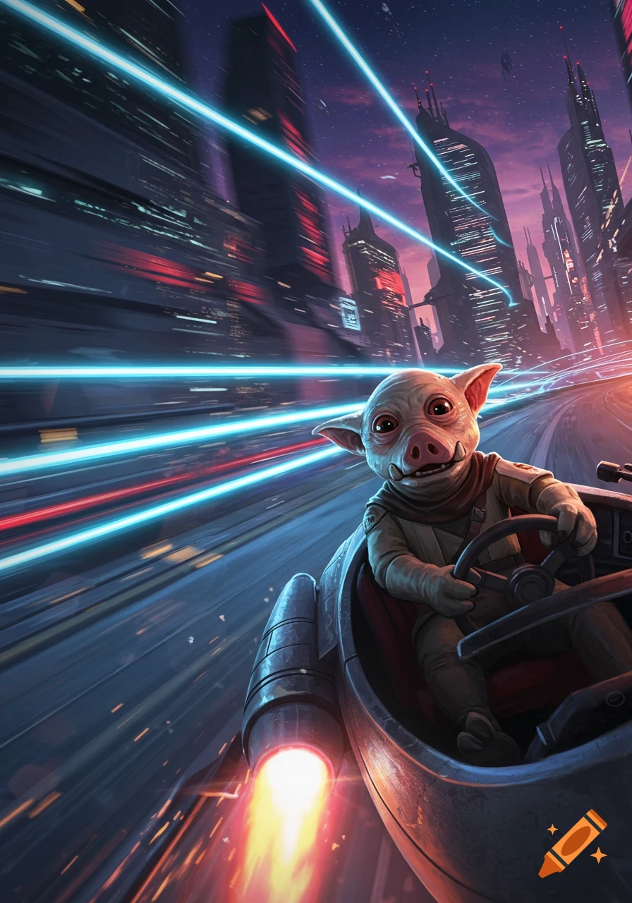 A small alien creature resembling an Ugnaught drives a futuristic rocket car at high speed through a neon-lit cyberpunk city.